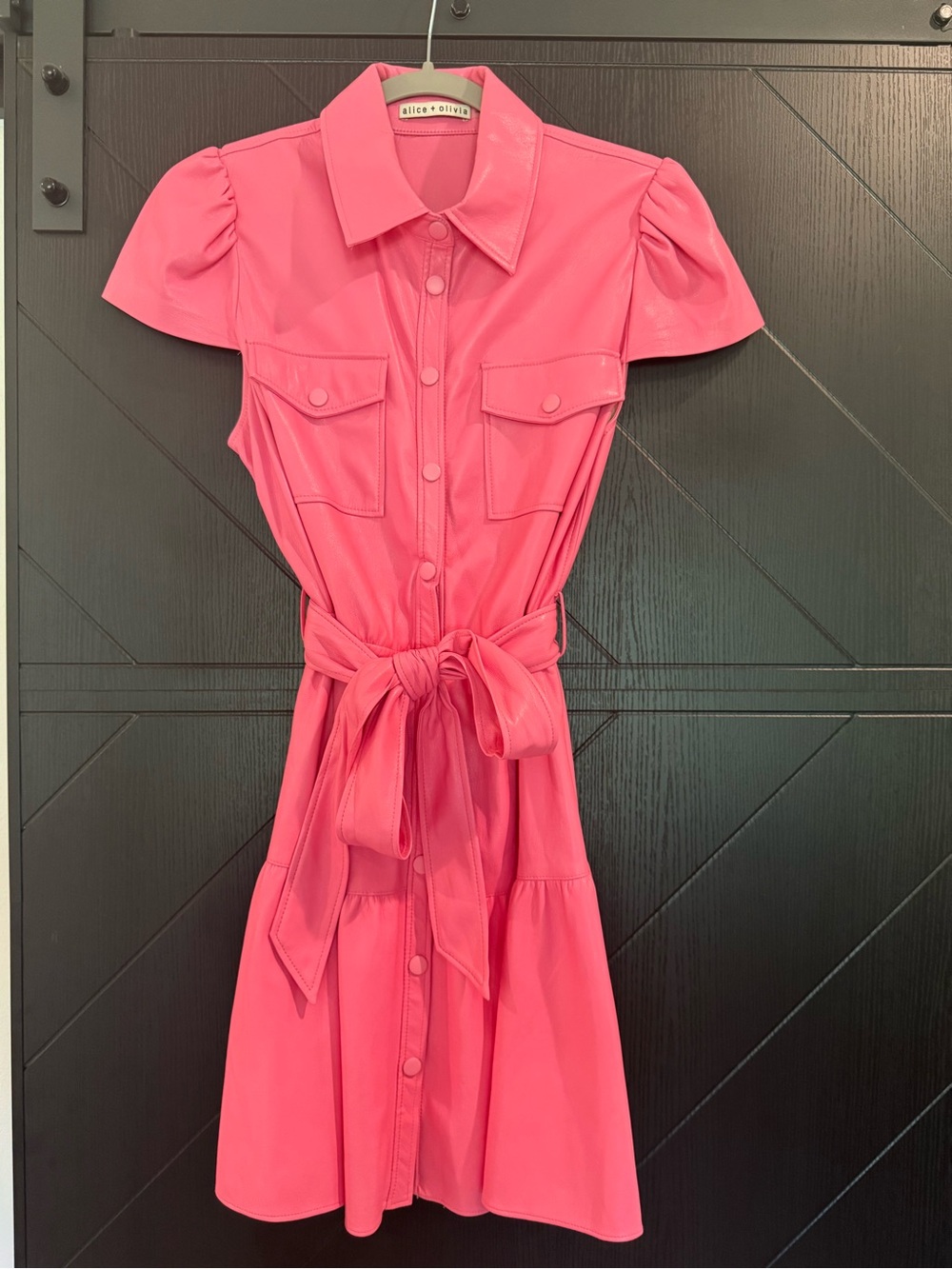 Alice + Olivia Bright Pink Puff-Sleeve Leather Dress with Self-Tie Waist. Sz 6.
